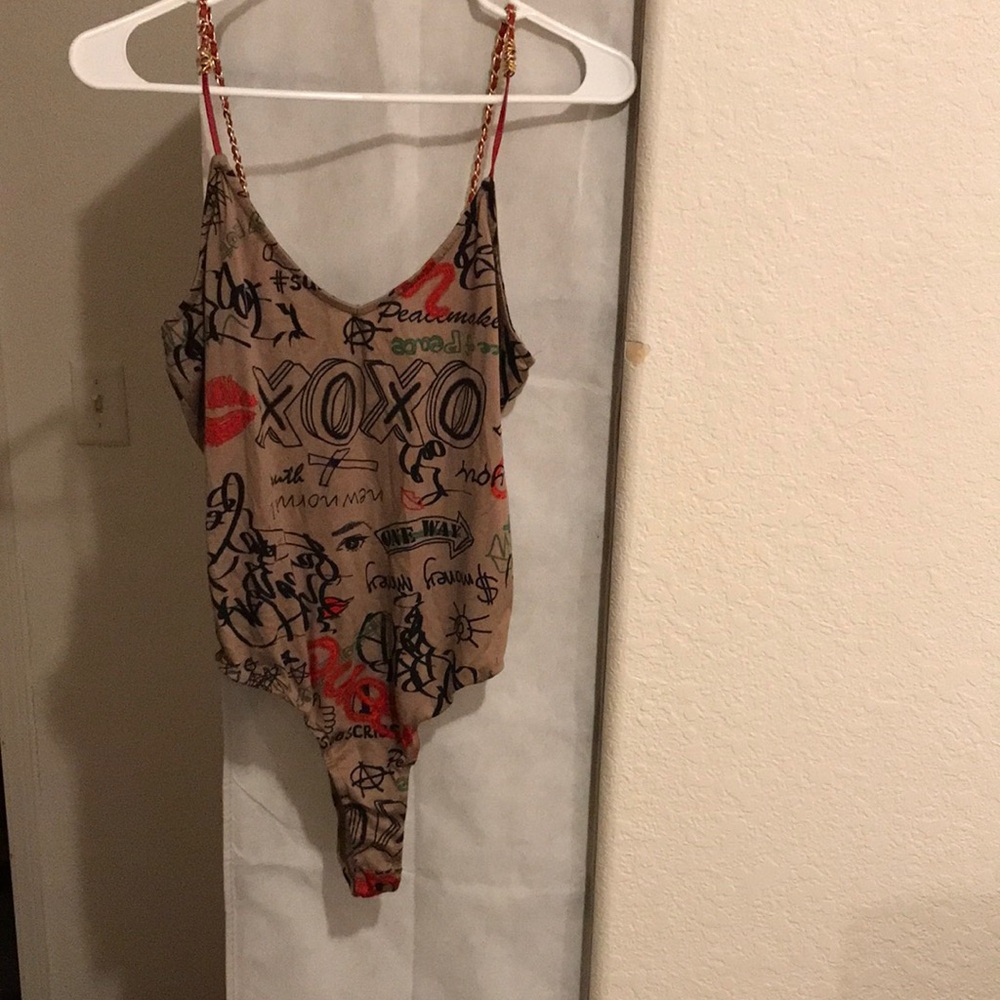Girls Beige Graphic One-Piece Bodysuit with Red Accents